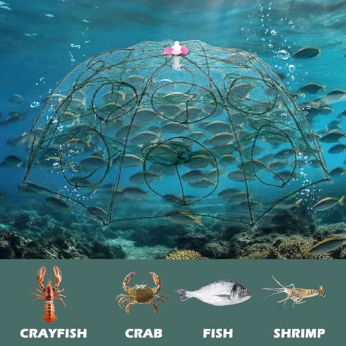 2 Pack Crawfish Traps 8-Sided 16-Entrance Fishing Net Foldable Fishing Bait Trap Cast Net Cage with Pull Rope, Bait Bag & Floating Ring for Catching Minnow Fish Crayfish Shrimp Crab Lobster