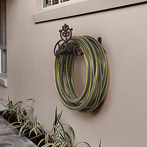 MyGift Brown Heavy Duty Cast Iron Outdoor Garden Hose Hanger Wall Mounted Water Hose Holder Reel with Vintage Scrollwork Design - style: Vintage Scrollwork