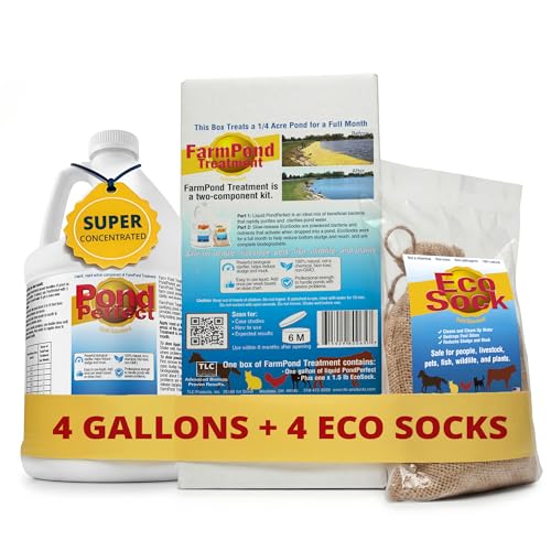 TLC Farm Pond Treatment – PondPerfect Liquid & EcoSock Dual System, Pond Bacteria for Larger Outdoor Ponds – 1 Box Treats Up to 1/4 Acre – 4 Gallon + 4 EcoSock - size: 4 Gallons + 4 EcoSocks