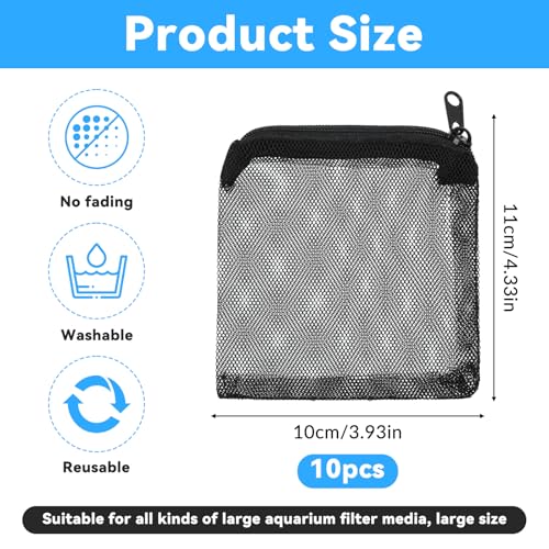 10Pcs Media Bags for Aquarium Fine Mesh Bag 4" x 4" with Plastic Zipper, Reusable Bag Mini Fish Tank Filter for Bio Activated Carbon Filterstones