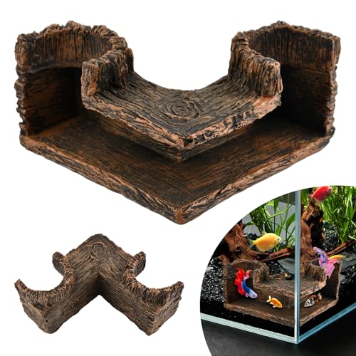 Aquarium Cave Underground Resin Stump Dual Hole Hideout Fish Tank Cave View Fish & Shrimp in Natural Corner Tunnel (Size:5.1×5.1×2.8")