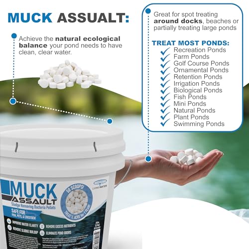 Muck Assault Sludge Remover Pellets - Natural Muck Digester with Beneficial Bacteria Enzymes to Clear Murky Water and Remove Pond Odor - Safe for Aquatic Life & Recreation (25 lbs.)