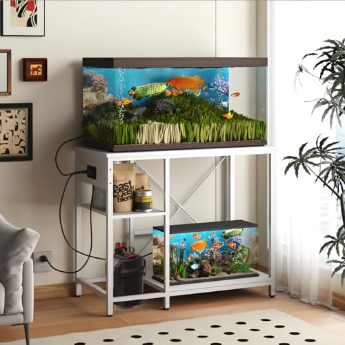 BEURUKU 40-50 Gallon Fish Tank Stand With Power Outlet & LED Light, Metal Aquarium Stand, 3 Tier Adjustable Storage Shelves for Reptile, Turtle, 36" L*18.5" W, White - color: White, size: 40-50 Gallon