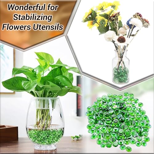 Green Glass Pebbles 1lb Bulk Pack – 100pcs Flat Marbles (0.7–0.8 Inch) Decorative Glass Gems for Vase Filler Stones, Aquarium Rocks, Crafts, Table Scatter, Wedding Centerpieces & Home Décor - color: Green_Color