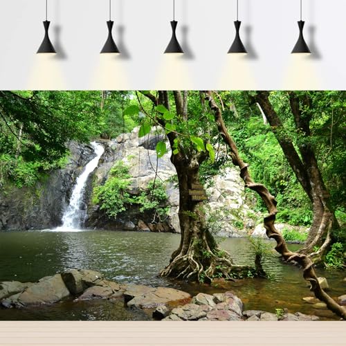 Waterfall Aquarium Background Jungle Forest Lake Stream Natural Landscape Terrarium Backgrounds Tropical Plants Rocks Fish Tank Background Jungle Trees Garden Style Reptile Tank Backgrounds 24x12in - color: Light Brown_Green, size: 24(W)x12(H)inches/ 60(W