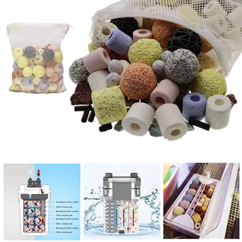 Aquarium Filter Media 15-in-1 Mineral Balls & Ceramic Rings - 500g with Zippered Mesh Bag for Fish Tank/Pond Filters - size: B Style 500g