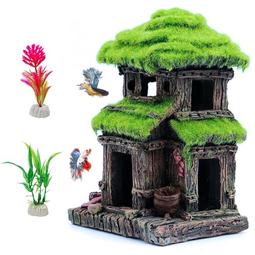 Hamiledyi Fish Hideout House for Aquarium Decorations, Betta Cave with Lifelike Moss, Come with 2 PCS Artificial Plants, Fish Tank Decoration for Shrimp Fish Shelter - style: Cottage