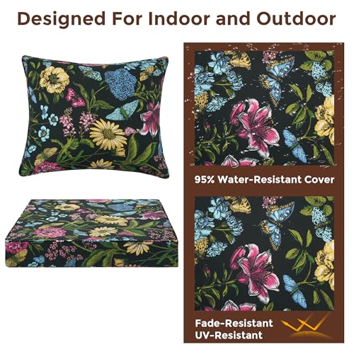 FUNHOME Outdoor Seat Cushion Set 24 x 24 x 4 Inch,Water Resistant Outdoor Chair Cushions for Patio Furniture,Thick Deep Seating Pads for Outside Chair Sofa Couch, Black Flower Butterfly - color: Black Flower Butterfly