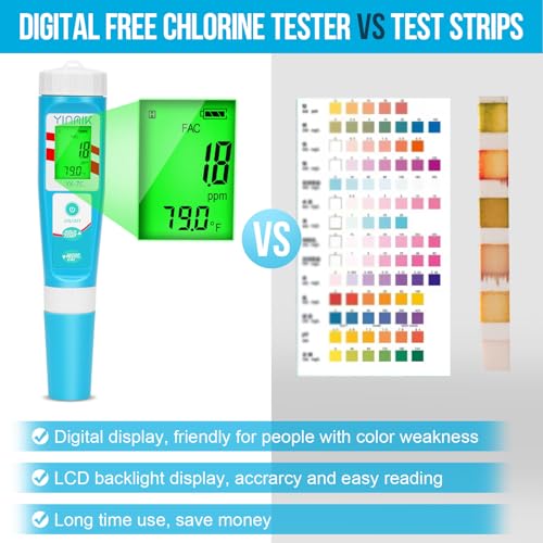 7 in 1 Chlorine Meter Digital Chlorine pH Tester Salt pH Meter for Saltwater Pool pH Conductivity for Hydroponic Drink Water TDS Meter YINMIK pH Chlorine Salinity EC TDS ORP Temp Reader for Aquarium - color: Blue pH meter