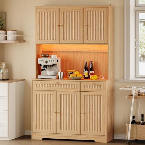 BORNOON Pantry Cabinet with Charging Station and Light, Tall Kitchen Pantry Storage Cabinet with Microwave Stand, Wide Fluted Kitchen Hutch with Storage Drawers and Adjustable Shelves for Dining Room - color: Oak, size: 6-Door