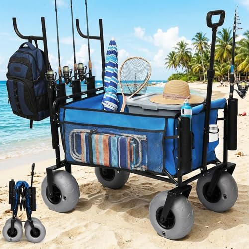 Fishing Cart with Big Wheels for Sand, 9" All-Terrain Wheels, Beach Wagon for Sand, Equipped with a Rod Holder and Side Pockets for All Your Fishing, Camping or Beach Supplies, Blue & White