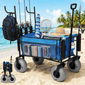 Fishing Cart with Big Wheels for Sand, 9" All-Terrain Wheels, Beach Wagon for Sand, Equipped with a Rod Holder and Side Pockets for All Your Fishing, Camping or Beach Supplies, Blue & White