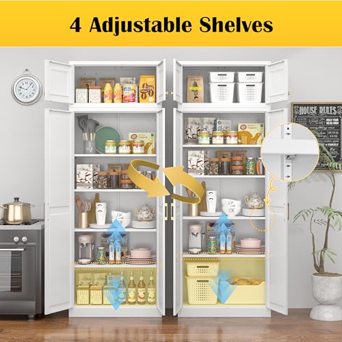 Steeloong86“ Kitchen Pantry Cabinet,Metal Storage Cabinets with Doors and 4 Adjustable Shelves,White Kitchen Cabinet with 4 Gold Handles,Tall Cabinet for Livingroom,Pantry, Bathroom - color: White, size: 86"H-A