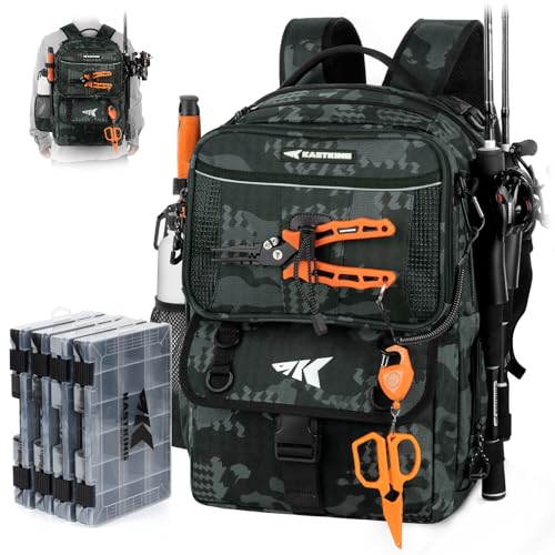 KastKing BaitSpace Fishing Tackle Backpack with Removable Bait Binder,2 Rod Holders Storage Fishing Gear and Equipment - color: B: Black Camo (With (4) 3600 Tackle Boxes)