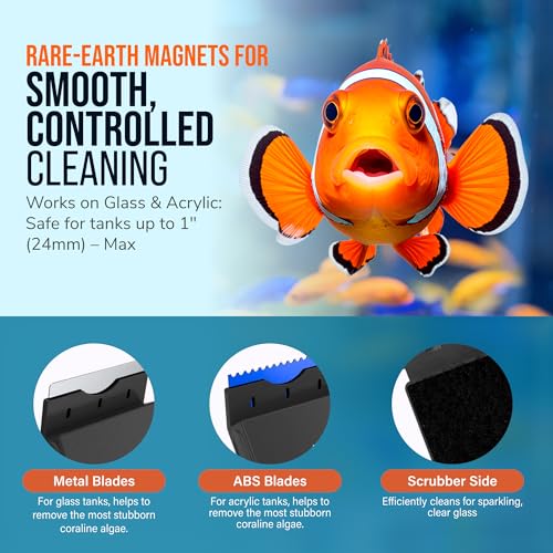 FLIPPER EDGE MAX Magnetic 2-in-1 Aquarium Cleaner for Glass and Acrylic Tanks up to 1 Inch (24mm) Thick – Dual Blade Design with Floating Algae Scraper and Cleaning Tool – LTD Clownfish - color: LTD Clownfish, style: MAX - For Tanks Up to 1 Inch (24mm) Th