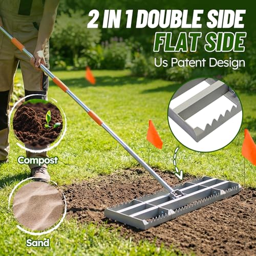 Lawn Leveling Rake, 2-in-1 Double-Sided Landscape Leveler with 20 Marking Flags for Low Spot, 30"×10" Heavy Duty Stainless Steel Flat & Serrated Side for Soil Sand Gravel, Yard Garden Golf Course - style: 30"×10“