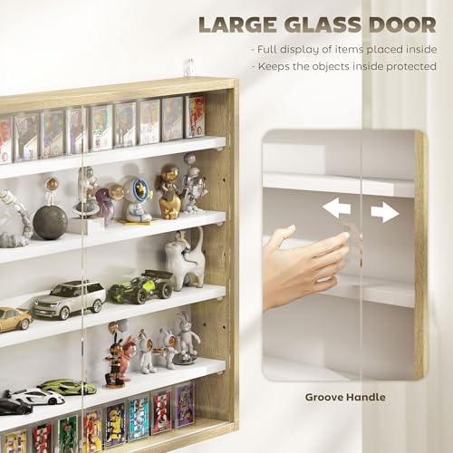 HOMCOM 5-Tier Display Cabinet, Glass Door Cabinet with Adjustable Shelves, Wall-Mounted Display Case for Playroom, Bedroom, Oak and White - color: Oak and White