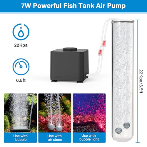 hygger Aquarium Air Pump, Quiet Adjustable Fish Tank Air Pump, 4W/7W/11W Powerful Oxygen Aerator Dual Stainless Steel Outlets with Air Stone Bubbler for Small Medium Large Fish Tank, Hydroponic - size: 7W(Tank Up to 300 Gallon)