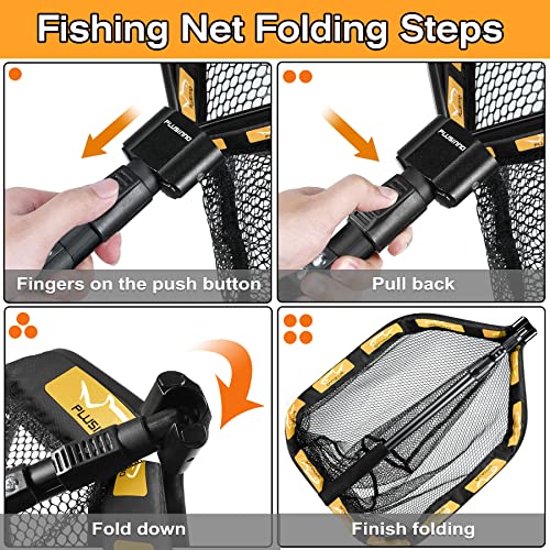 PLUSINNO Floating Fishing Net for Steelhead, Salmon, Fly, Kayak, Catfish, Bass, Trout Fishing, Rubber Coated Foldable Landing Net with Fixed or Telescoping Pole Handle, Fishing Gear and Gifts for Men - color: 19.7"/50cm Hoop Size length 1.5M Orange (Teles