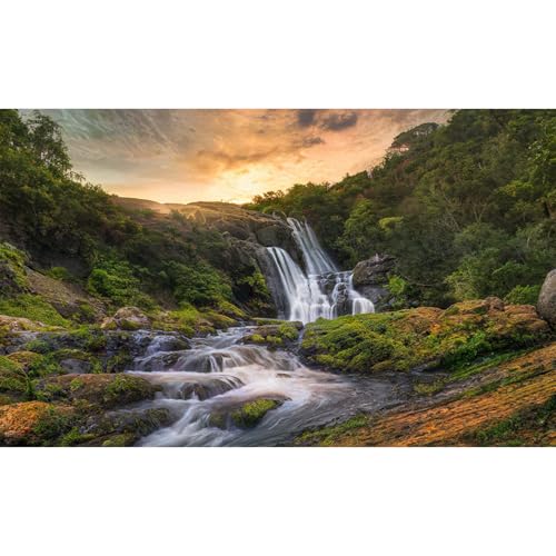 Sunset Waterfall Aquarium Background Majestic Jungle Rainforest Fish Tank Background Majestic Cascading Waterfalls Terrarium Backgrounds Tranquil Stream Green Forest Reptile Tank Backgrounds 24x12in - color: Brown_Green, size: 24(W)x12(H)in
