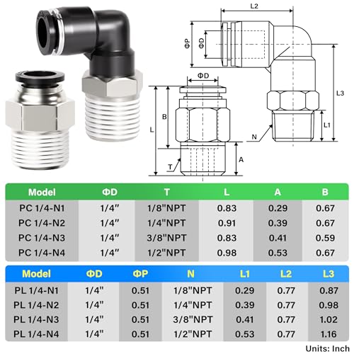 TAILONZ PNEUMATIC Elbow and Straight Combination 1/4 Inch Tube OD x 1/2 Inch NPT Thread Push to Connect Fittings PC-1/4-N4+PL-1/4-N4(Pack of 12) - size: 1/4"OD x 1/2"NPT