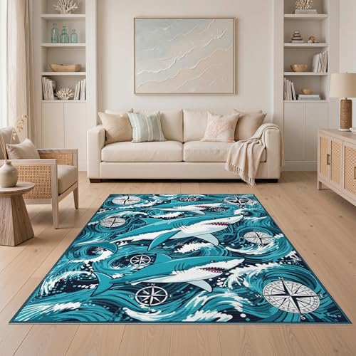 5'x7' Washable Graphic Wave Area Rug, Navy Flatwoven Floor Covering Non-Slip Chair-Friendly Carpet for Dining Room, Under Table, Home Office | Ref:2068650 - color: Blue/Pattern 14, size: 5' x 7' (Rectangular)