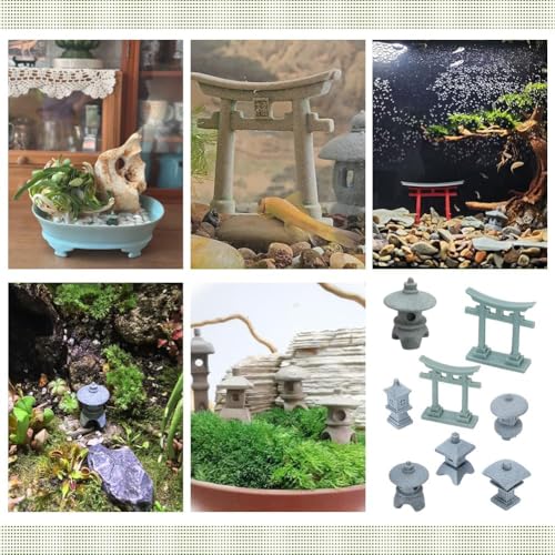 FINGERINSPIRE 8PCS Miniature Asian Decor 8 Style Mini Zen Garden Accessories Stone Lanterns and Torii Gates PVC Chinese Japanese Style Zen Decor for Bonsai Aquarium and Tabletop Display - style: Stone Lanterns and Torii Gates