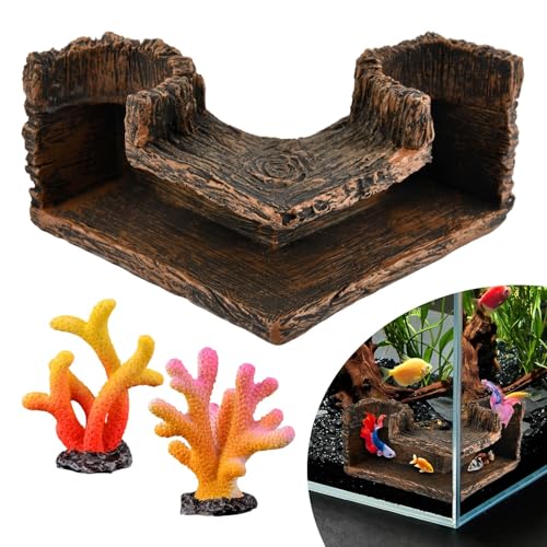 Aquarium Underground Corner Cave with 2 Simulated Resin Coral, Natural-Looking Wood-Like Bet-ta Fish Hideout Fish Tank Decorations, for Avoid Aggressive Behavior