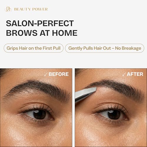 Beauty Power Tweezers for Women Facial Hair: Ultra Precision Tweezers for Women & Men, Sharp Slant Tweezer for Eyebrows, Ingrown Hair Removal. Professional Plucker + Case, German Stainless Steel Gray - color: Grey