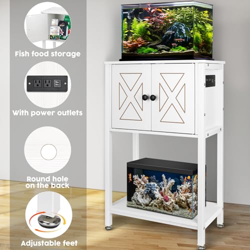 BEURUKU 5-10 Gallon Fish Tank Stand, Heavy Duty Aquarium Stand with Cabinet & Power Outlets for Fish Tank Accessories Storage, Double Reptile Terrarium Stand 20.5" L* 11" W Tabletop, White - color: White, size: 5-10 Gallon
