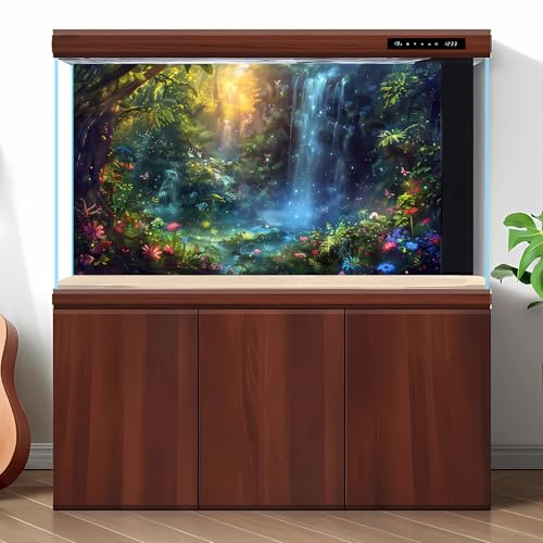 Fantasy Forest Aquarium Background Jungle Waterfall Lake Fish Tank Background Enchanted Forest Vibrant Flora Ethereal Weaves Reptile Tank Backgrounds Greenery Oasis Terrarium Backgrounds 24x12in - color: Dark Green_Blue, size: 24(W)x12(H)inches/ 60(W)*30c
