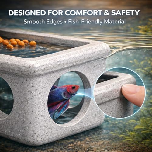 CPLIKE Marble Floating Betta Fish Hideout with Viewing Window & Round Holes – Floating Cave Hammock, Feeding Platform & Rest Tunnel – Betta Fish Shelter for Nano Tanks, Bowls & Small Aquariums - color: C: Grey