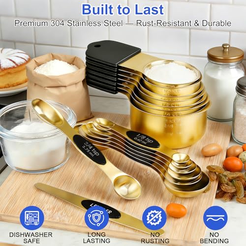 Magnetic Measuring Cups & Spoons Set, Strong N45 Magnets, Heavy Duty Stainless Steel Fits in Spice Jars for Baking & Cooking, BPA Free, Round Set of 15 with Leveler,Gold - color: Measuring Cups & Spoons Set of 15(gold)