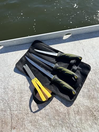 danco 5PC Fillet Knife Kit, 6",7",9" with Roll Bag & Folding Sharpener, Fish Fillet and Deboning Knives, Freshwater/Saltwater Fishing, Non-Slip Handle, Durable Roll Bag, Stainless Steel Blades - style: Fillet Knives With Sharpener