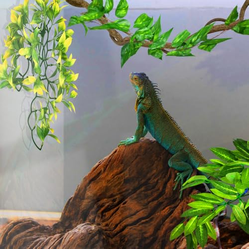 KATUMO Reptile Plants, 3 PCS Amphibian Hanging Plants with Suction Cup for Lizards, Geckos, Bearded Dragons, Snake, Hermit Crab Tank Pets Habitat Decorations - color: Green+yellow