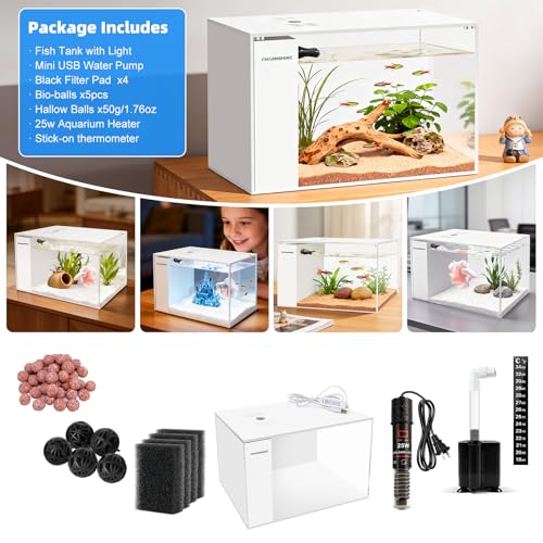 Fish Tank Betta 2.5 Gallon Desktop Small Beta Fish Aquarium Starter Kit with 25W Heater LED Light and Mini Water Pump & Filter Media Compact Aquarium for Betta Fish, Shrimp(White)