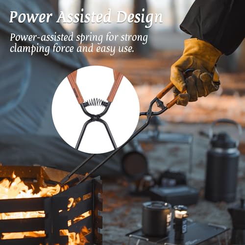 Fireplace Tongs Log Claw Tongs with Faux Leather Handle Cover Log Grabber Clamp Tool for Indoor & Outdoor Camping Campfire Fireplace Fire Pit(Black)
