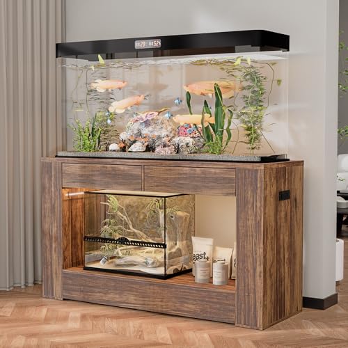 55–75/90 Gallon Aquarium Stand,Heavy-Duty 48" Turtle Reptile Fish Tank Stand With Storage Drawers, Reinforced Metal Frame, LED Lighting, Power Outlets (Rustic Brown) - color: Rustic Brown