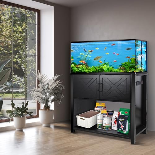 BEURUKU 40 Gallon Tank Stand with Cabinet and Power Outlets, Heavy Duty Metal Aquarium Stand for 40-50 Gallon Breeder Tank, Turtle Tank, Double Terrarium Stand, 660LBS Capacity, Black - color: Black, size: 40-50 Gallon