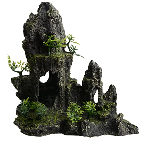 AnRui Large and Tall Aquarium Mountain View Stone Decorations Resin Betta Rock Aquascaping Hiding Cave Ornaments Fish Tank Accessories Decorations with Small Plants - size: 10.62"x4.72"x11.2"