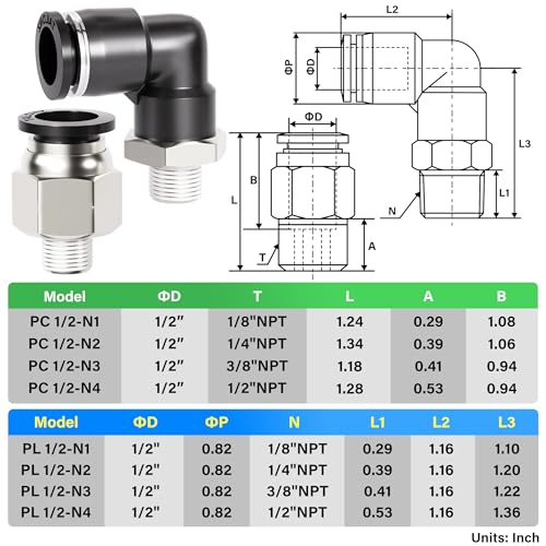 TAILONZ PNEUMATIC Elbow and Straight Combination 1/2 Inch Tube OD x 1/4 Inch NPT Thread Push to Connect Fittings PC-1/2-N2+PL-1/2-N2(Pack of 12) - size: 1/2"OD x 1/4"NPT