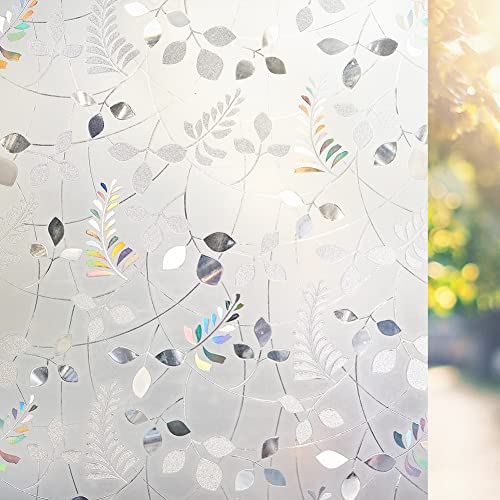 LEMON CLOUD Window Privacy Film Stained Static Cling Glass Film 3D Decorative Colorful Glass Window Sticker, Privacy Frosted Covering for Home Sliding Door(23.6 x 78.7 Inch, Rainbow Leaf) - color: 3d Leaf, size: 23.6 x 78.7 Inch