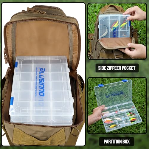 PLUSINNO Fishing Backpack Tackle Bag, Water-Resistant Backpack with Rod Holder, Ideal Gifts for Men - color: Khaki Backpack With 4 Boxes