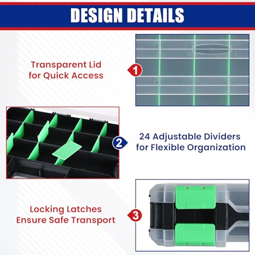 NYXOVA Small Parts Organizer, Hardware Organizer Box, 2 Pack Double Side 34 Compartments Hardware Organizers with Removable Plastic Dividers for Screws Nuts Nails Bolts (Green) - color: Green
