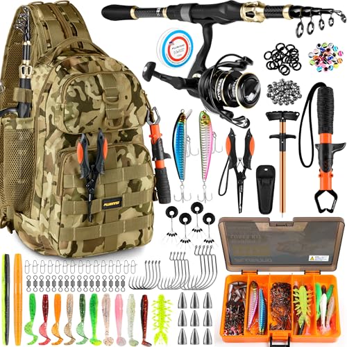 PLUSINNO Fishing Backpack with Fishing Rod and Reel Combos Tackle Boxes, Waterproof Tackle Backpack for Fishing Gear with Rod Holder, Fishing Gifts for Men with Fishing Tool Kit... - color: Khaki Camo Backpack With Rod and Reel Combo