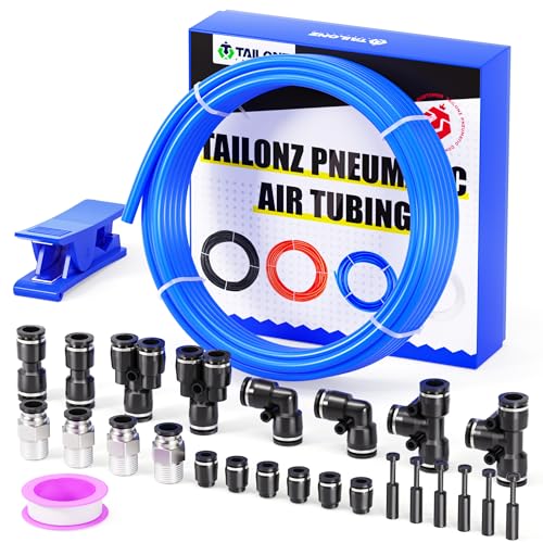TAILONZ PNEUMATIC Blue 1/4 Inch OD 16 Meter 50ft PU Polyurethane Air Tubing Kit Pipe Hose Air Line Tubing Air Hose Fittings Push to Connect Fittings(27PCS) - color: Blue, size: 1/4" OD - 50 FT