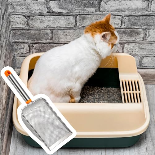 Cat Litter Scoop Stainless Steel Mesh Scooper with Long Handle, Deep Shovel Non-Stick Coated Metal for Box Kitten Pooper Lifter, Regular Scoop, Sifting Poop, Non-Slip Grip, Easy Clean, Hole: 2.8mm