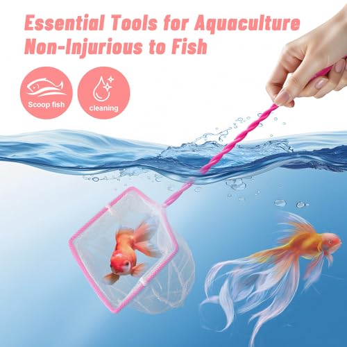 (14.5''L,Net Opening:4.1" x 3.3") Aquarium Fishing Net for Betta Tanks & Small Fish Tanks, Soft Fine Square Mesh, Food Wastes Skimmer for Small Ponds and Pools, Shrimp,Pink - color: Pink