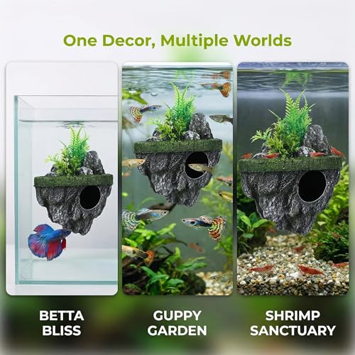Homoyoyo Floating Aquarium Decor, Fish Tank Decorated Rock for Betta Fish Guppies Goldfish Shrimps Hermit Crabs Realistic Rock Tank Ornament with Hideaway Shelter Safe Resin Material 7.48X5.31X4.33In