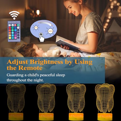 Dental Gifts, 3D Tooth Night Light, 3D Illusion Lamp, 16 Colors Changing, Remote Control, Dimmable, Living Room Decoration, Xmas Tooth Model Gifts - color: Tooth